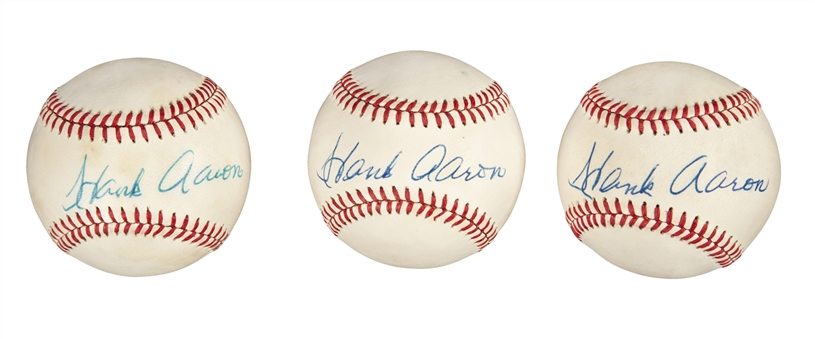 Lot of (3) Hank Aaron Single-Signed ONL Feeney Baseballs (Beckett)